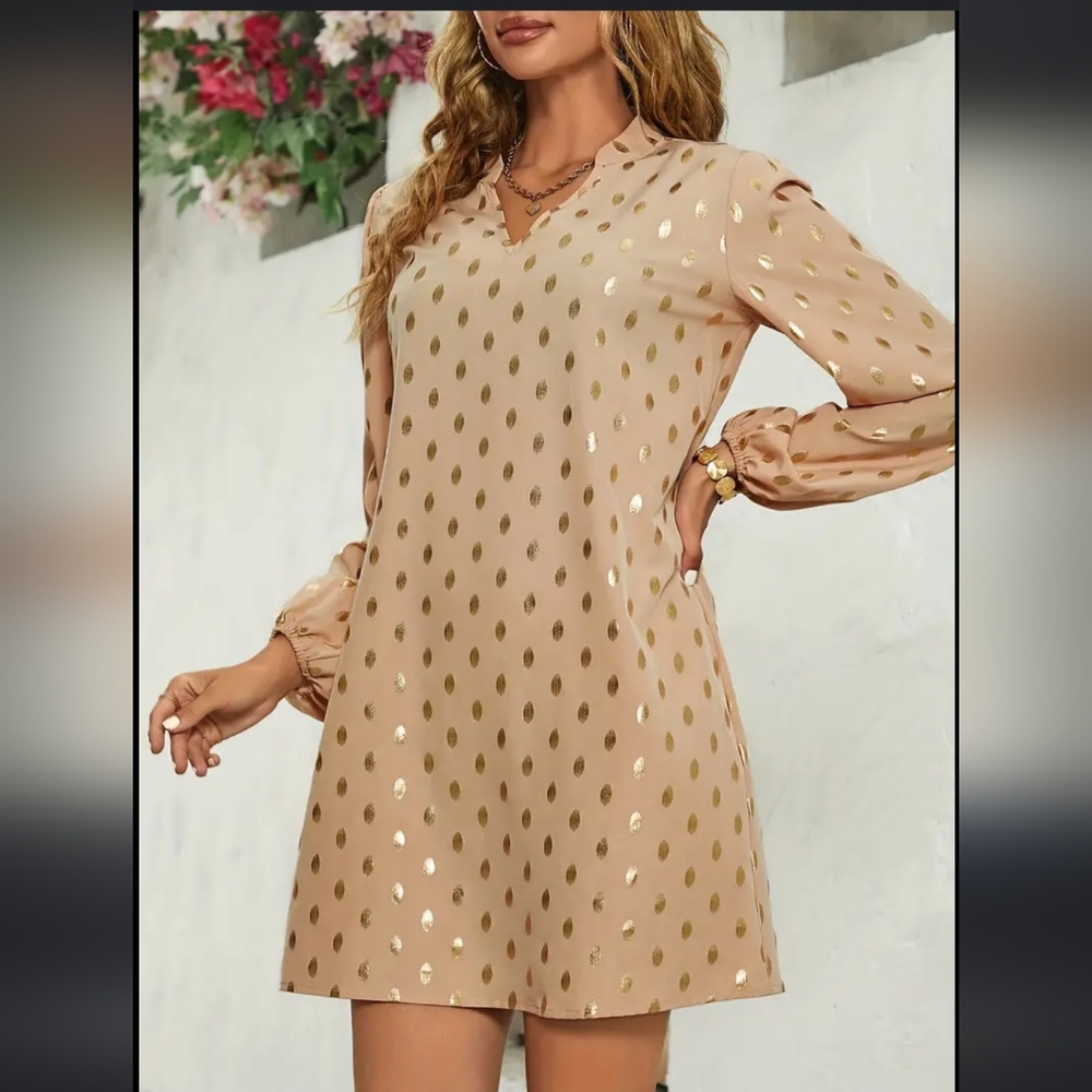 🌼 Lala Factory Champagne Gold Polka Dot Shift Party Dress